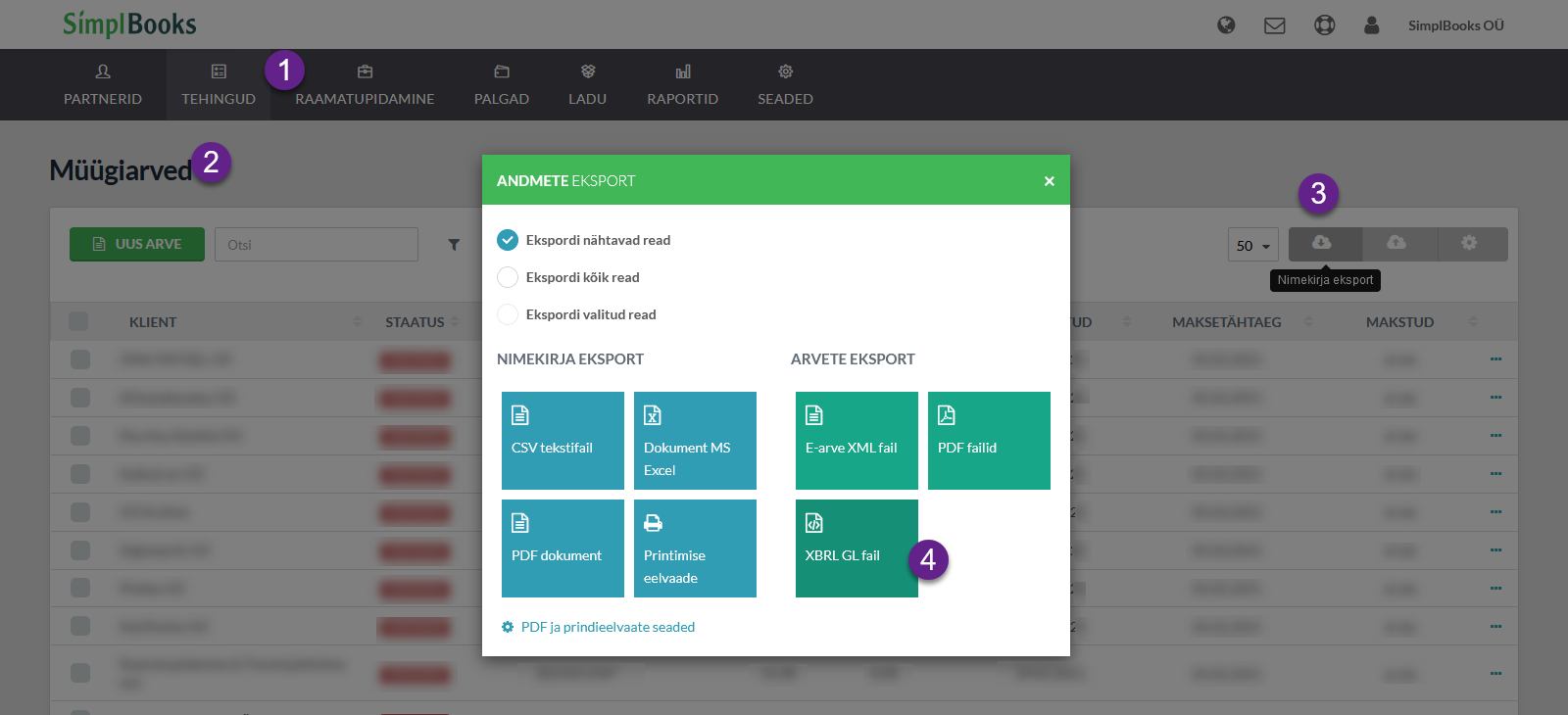 XBRL GL formaadis andmete eksport SimplBooksis